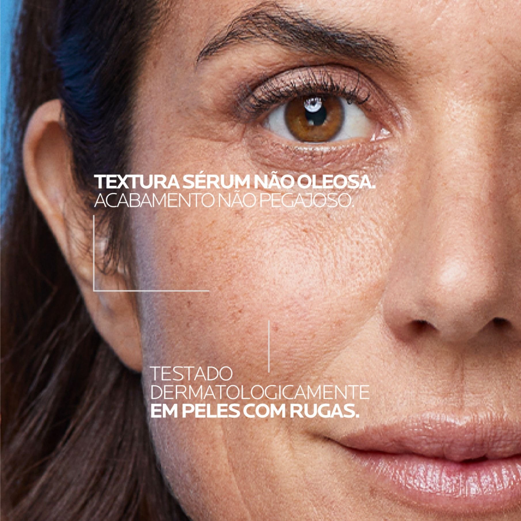 textura não oleosa, testado dermatologicamente em peles com rugas