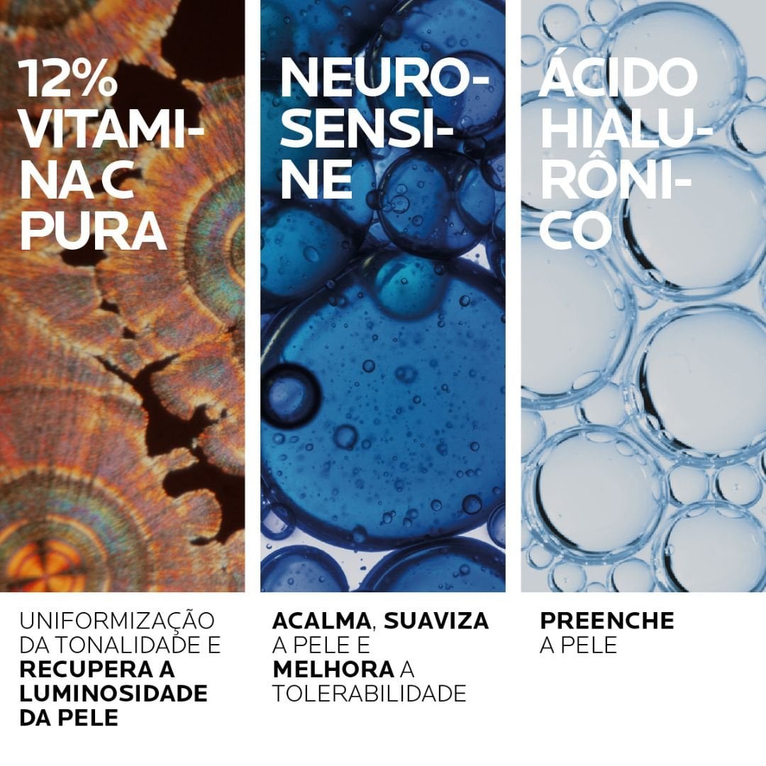 Ativos presentes no produto: Vitamina C Pura; Neurosensine; Ácido Hialurônico.